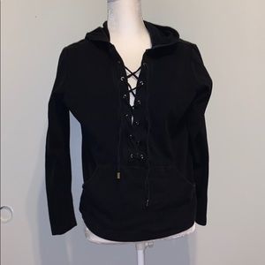 V Sport Black Hoodie w/Tie Up Shared Pocket Front
